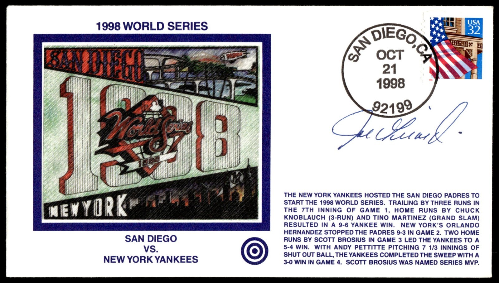 Joe Girardi Signed FDC Cover AUTO Ltd. WS Cachet NY Yankees MLB 1998 WS Champ!