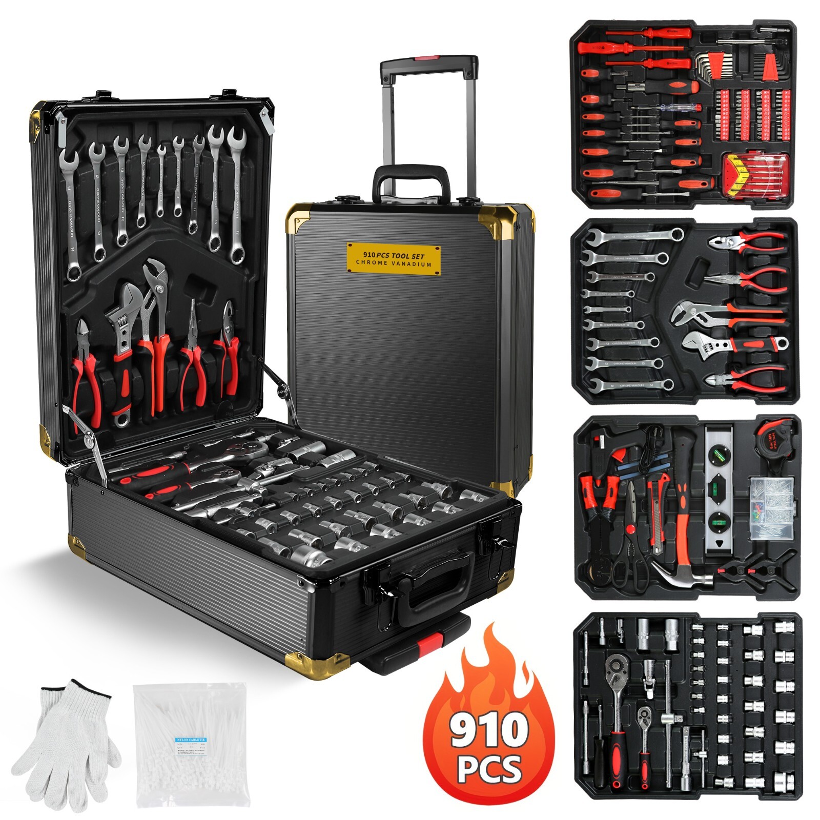Tool Set Mechanics Tool Kit 910 PCS Wrenches Socket with Trolley Case Box Silver