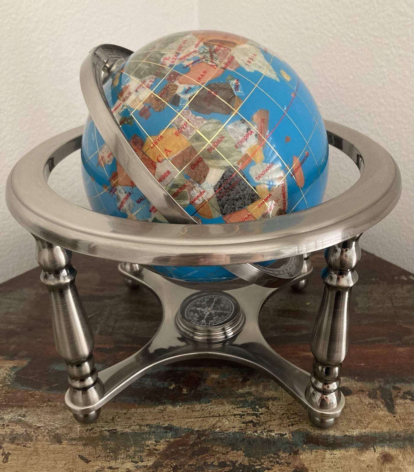 Semi-Precious Gem Stone World Globe 9" With Compass