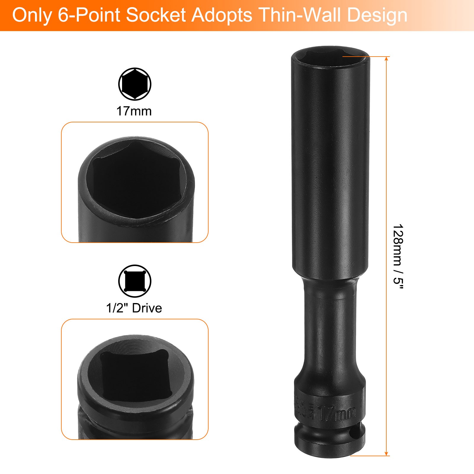 Thin Wall 6 Point Impact Socket 17mm Socket 1/2" Drive 5" Extra Long CR-V Steel