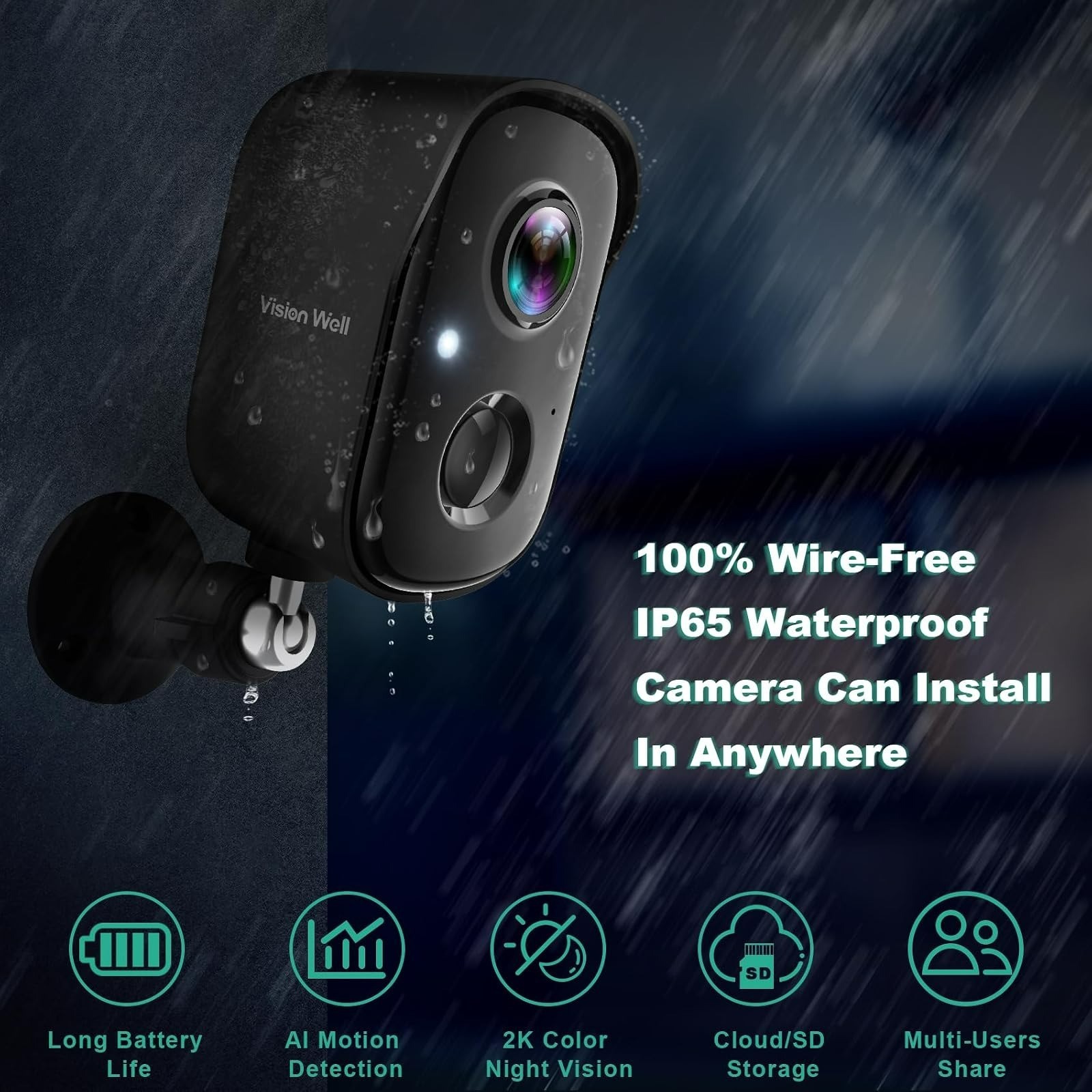 VISION WELL 2K Wireless Outdoor Security Camera, AI Motion Detection, Waterproof
