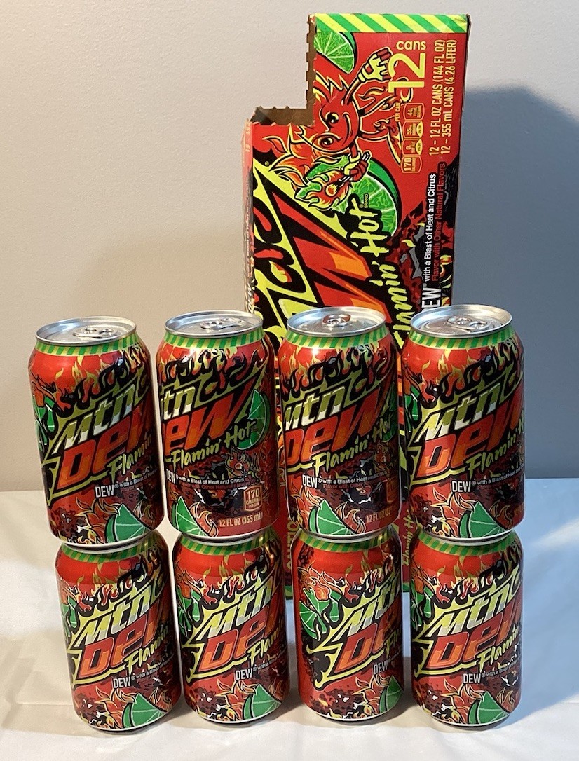 8 Flamin' Hot Mountain Dew 12 oz Cans - Unopened Cans - With Original Opened Box
