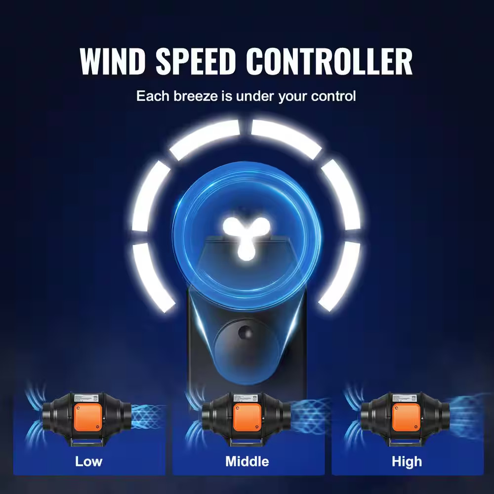 Inline Duct Fan 4-In. 200 CFM with Variable Speed Controller Quiet Ac-Motor Vent
