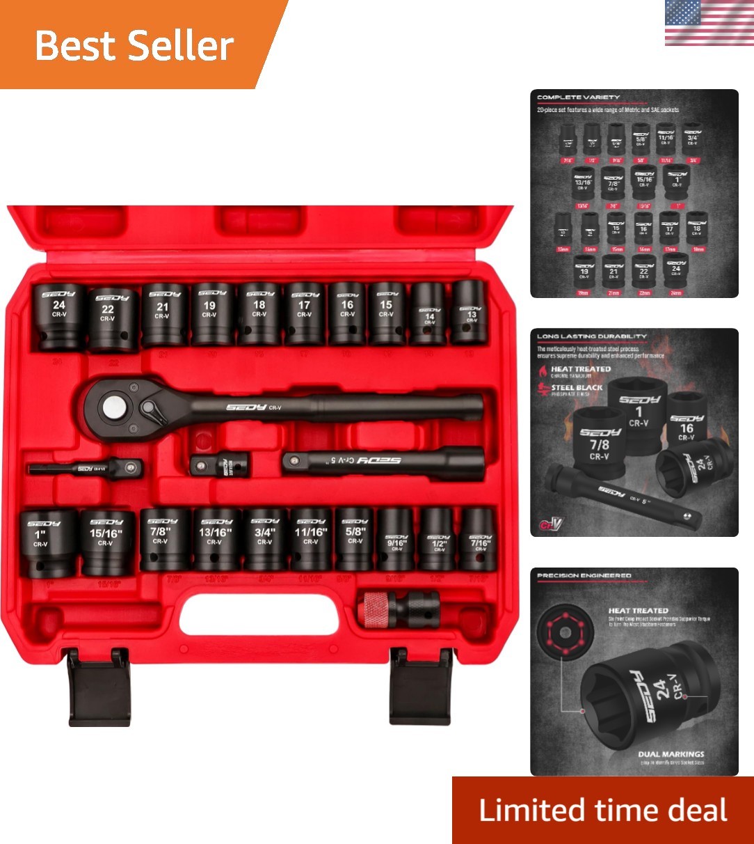 25-Piece 1/2" Drive Socket Wrench Set for Mechanics - SAE & Metric