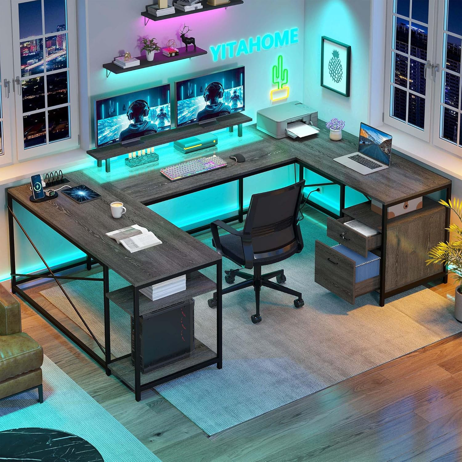 U Shaped Desk with Power Outlets & LED Lights, 79" Reversible Grey Office Desk
