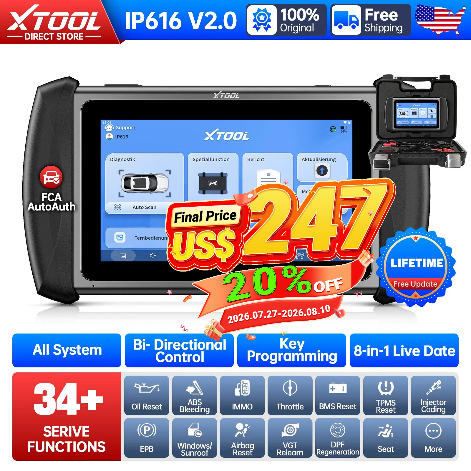 XTOOL IP616 Bidirectional OBD2 Scanner All System Diagnostic Tool Key Programmer