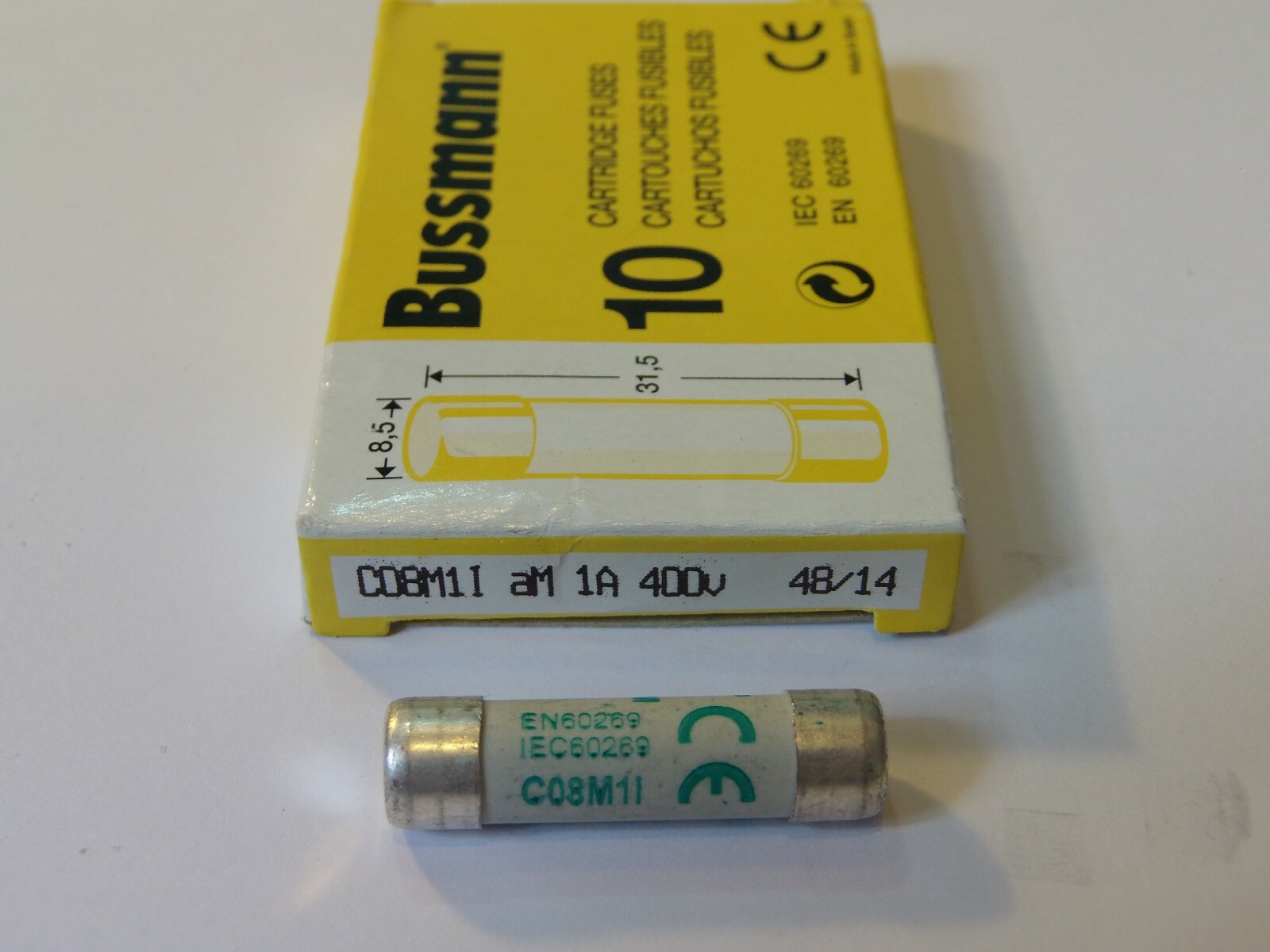 C08M1I aM 1A 400V BUSSMANN FUSE 1AMPS SIZE - 8.5mm x 31.5mm QTY 1 FUSE
