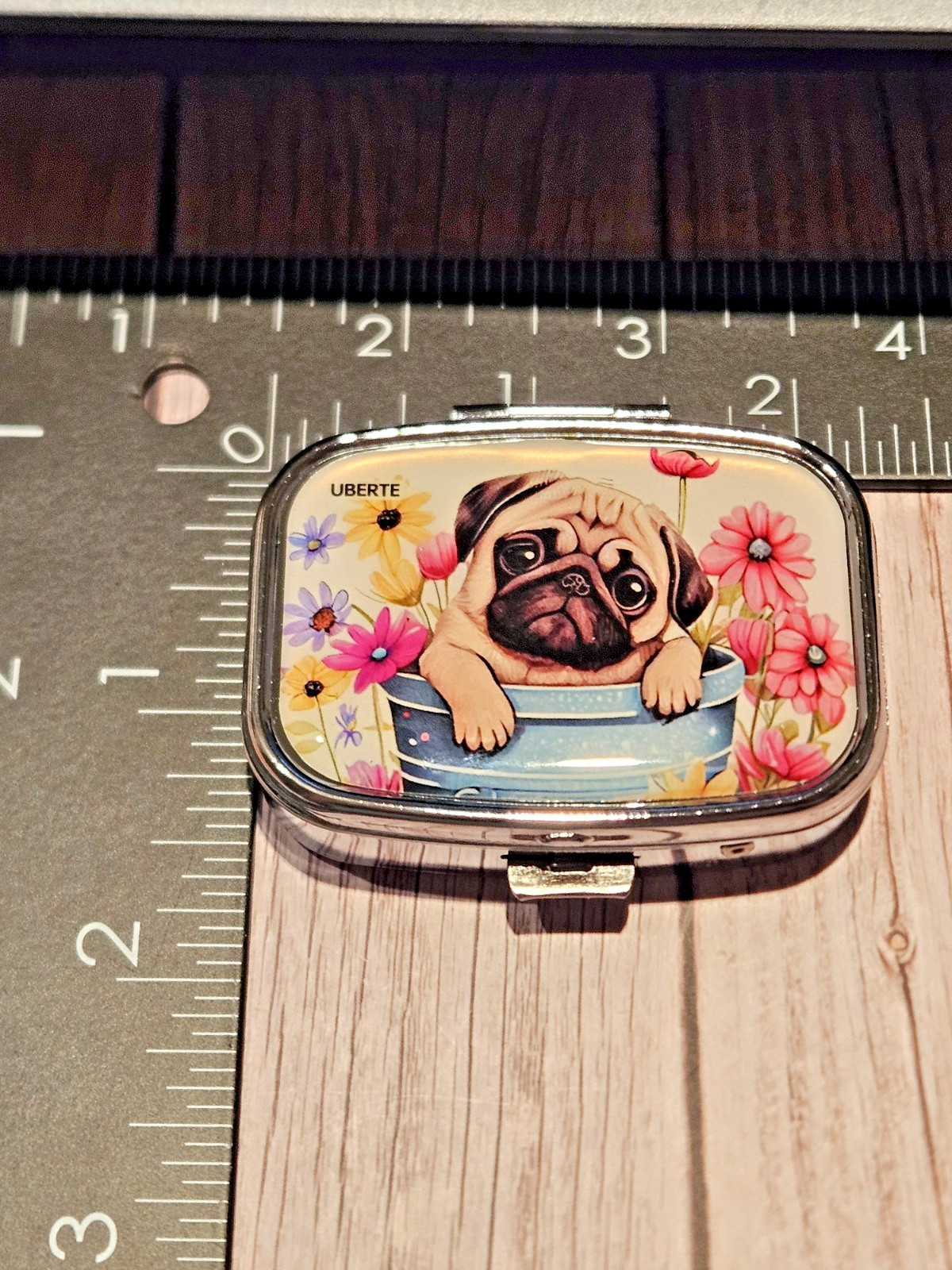 Pug Pill Box 2 Compartment Silver Tone Rectangular New