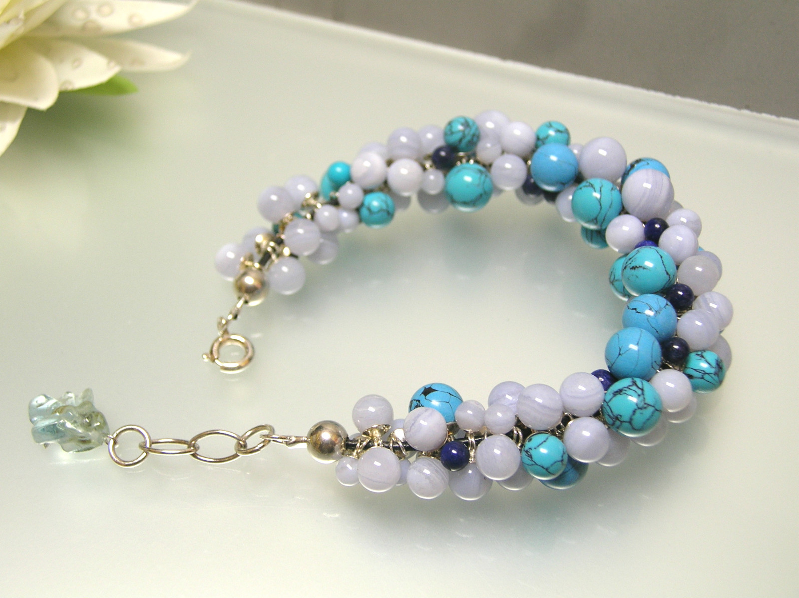 Mixed real Gem beads Designer inspired Sterling Silver bracelet