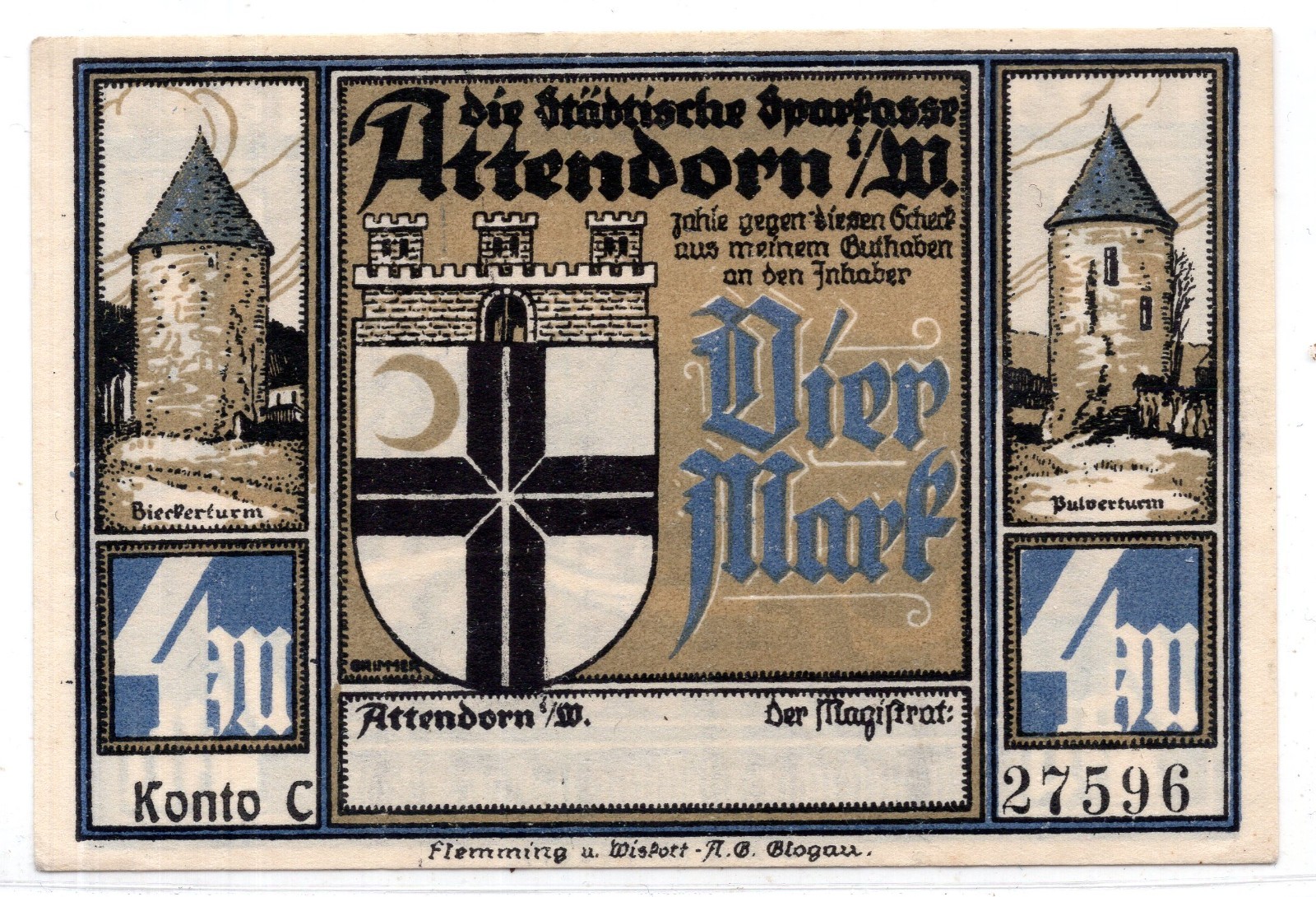 1922 Germany Attendorn Notgeld 4 Mark Note (NG173)