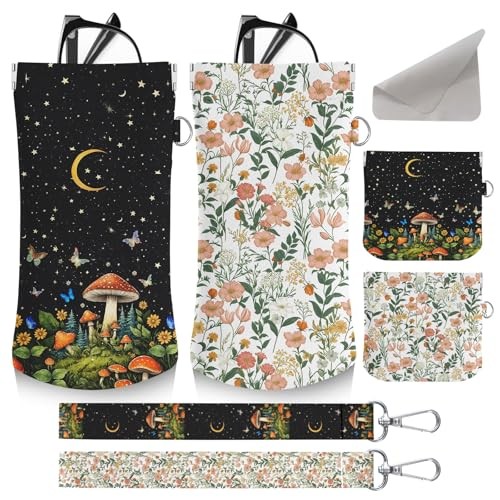 4PCS Eyeglass Sunglass Cases Pouch Soft PU Leather with Mushrooms and Flowers