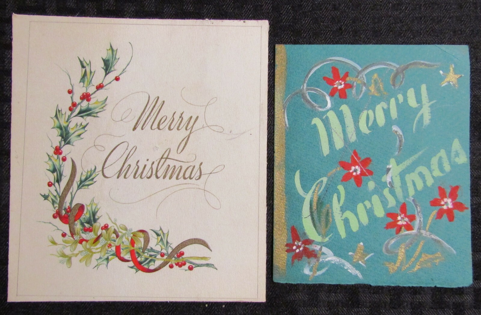 MERRY CHRISTMAS Lettering with Ribbon & Holly 6x6.5" Greeting Card Art LOT of 2