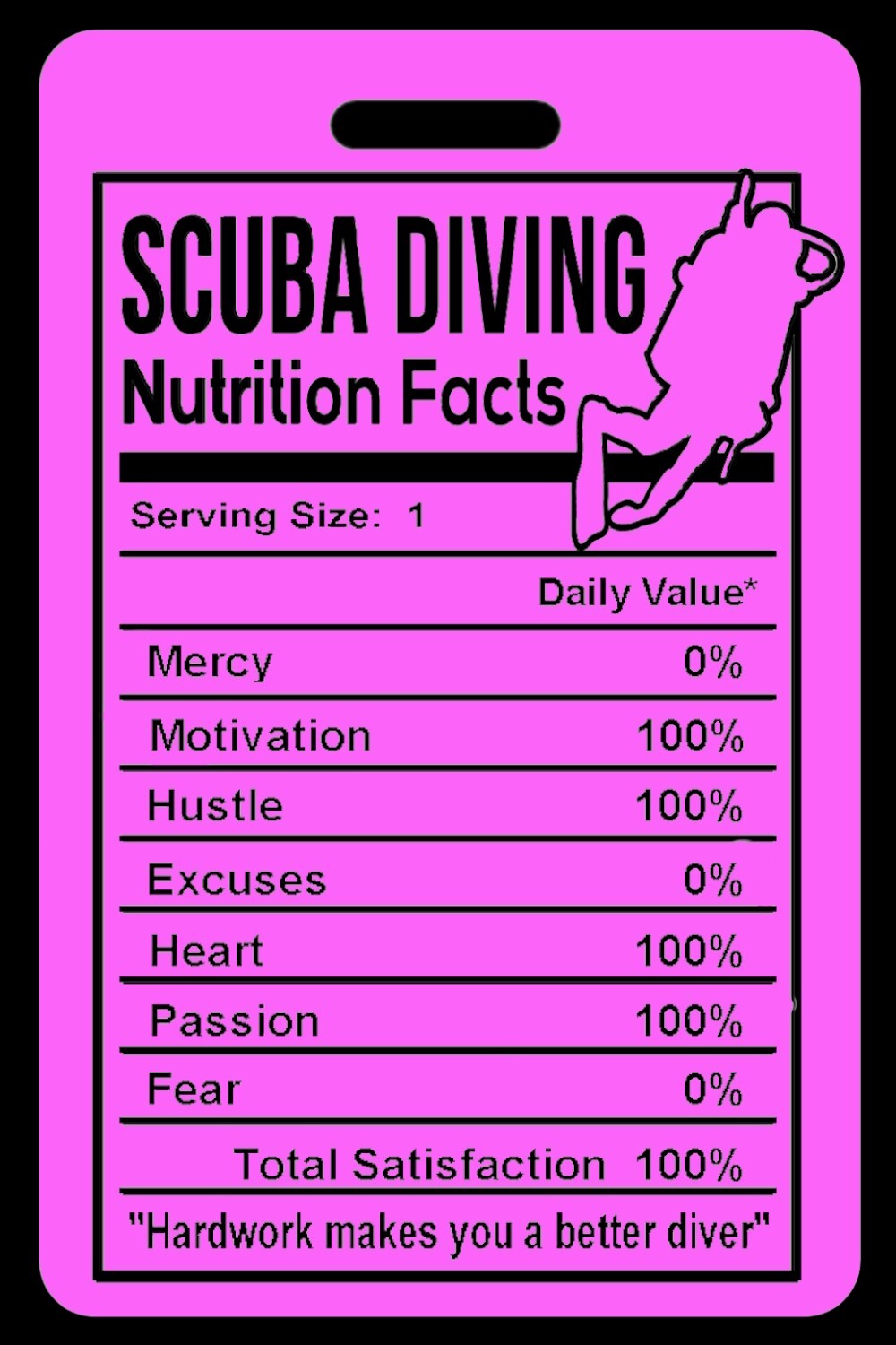 Personalized Hi-Viz Pink SCUBA Diving "Nutrition Facts" Luggage/Gear Bag Tag