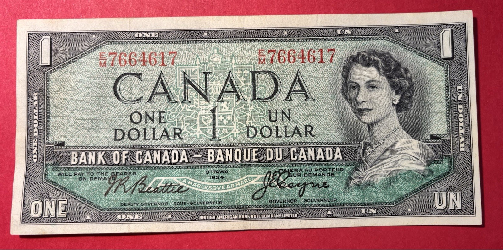 1954 Canada $1 Dollar Banknote, P-74a, Beattie/Coyne, XF Details