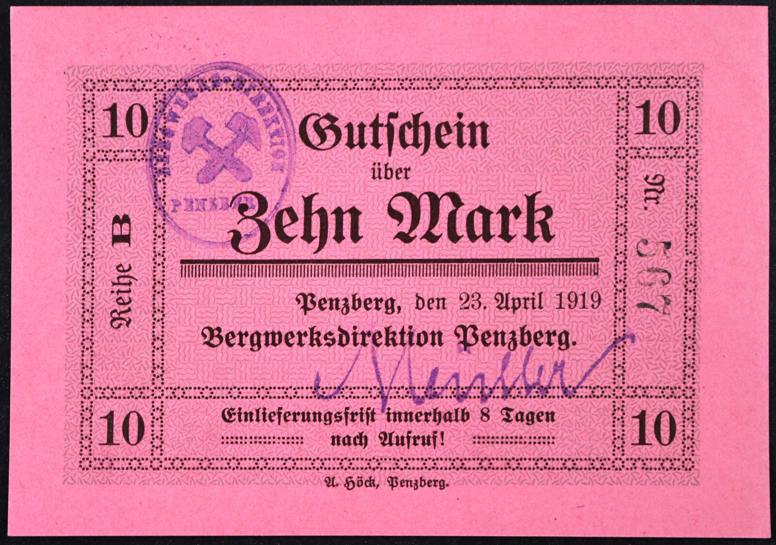 PENZBERG 1919 "Bergwerksdirektion" Rare 10 Mark Reihe B w/sig Grossnotgeld