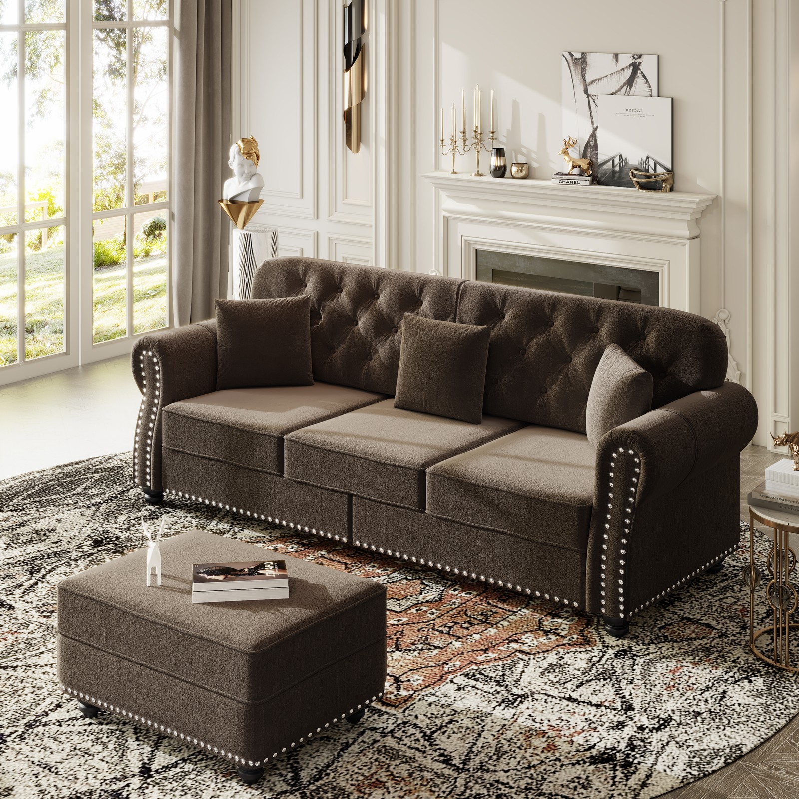 82.6"Upholstered Velvet Sofa with Nailhead Trim and Rolled Armrests,Mid-Century