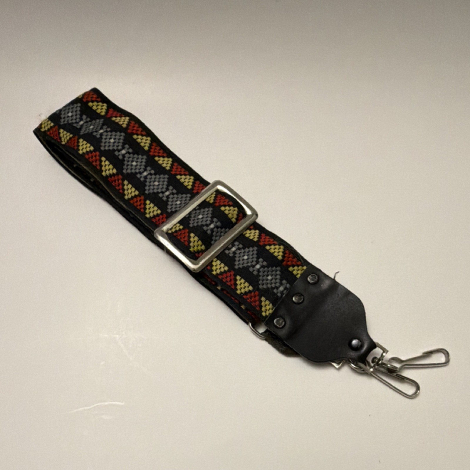70s Vintage Patterned Camera Strap with Leather Ends, Metal Clips