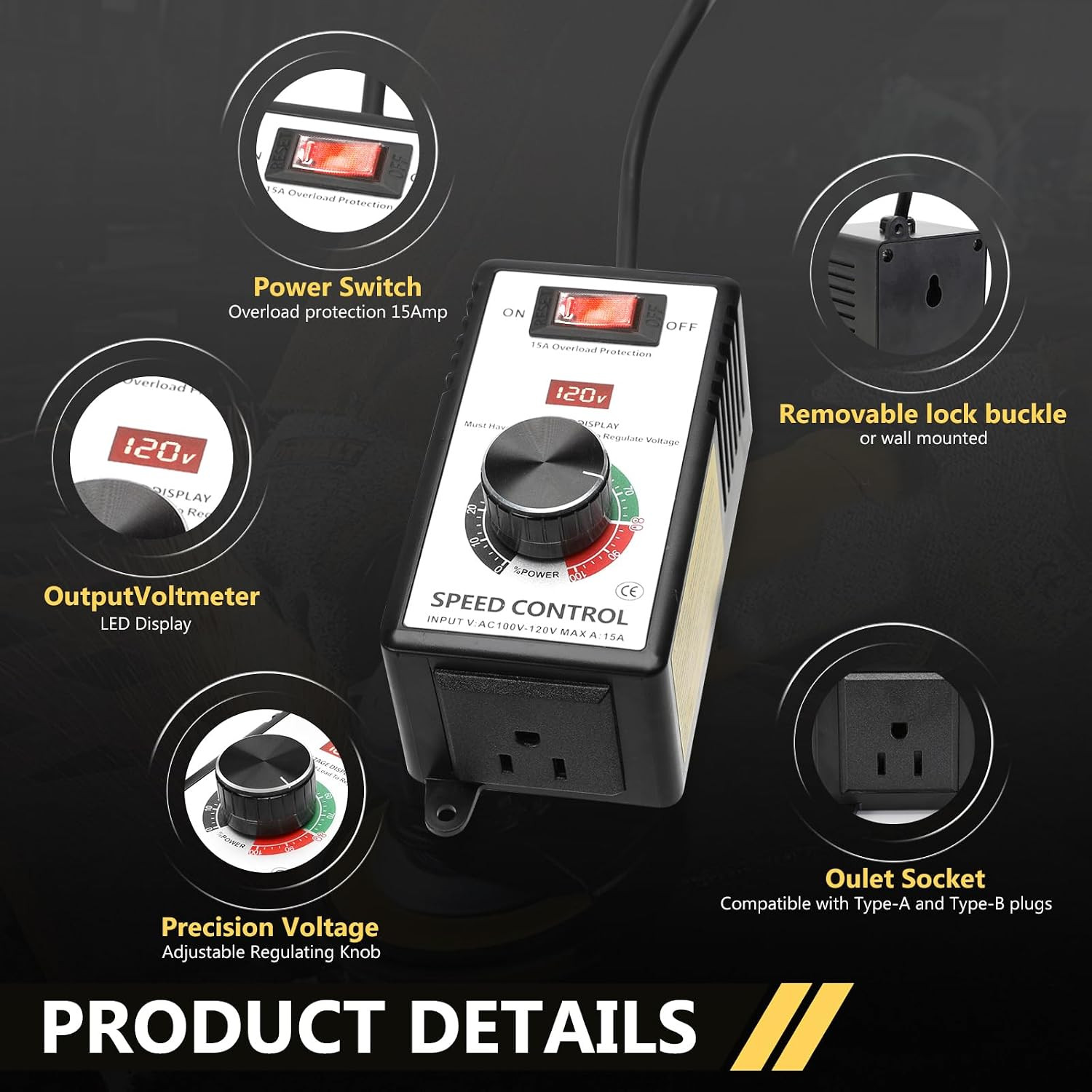 Variable Motor Speed Controller AC 100V-120V 15A, 4000W Speed Control Switch
