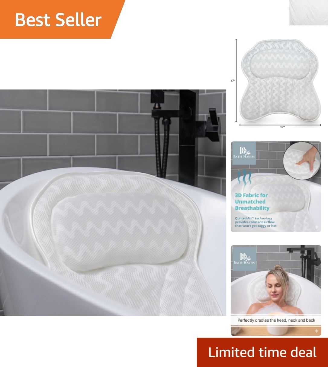 Deluxe Neck and Back Support Bath Pillow - Quilted Air Mesh for Blissful Soaks