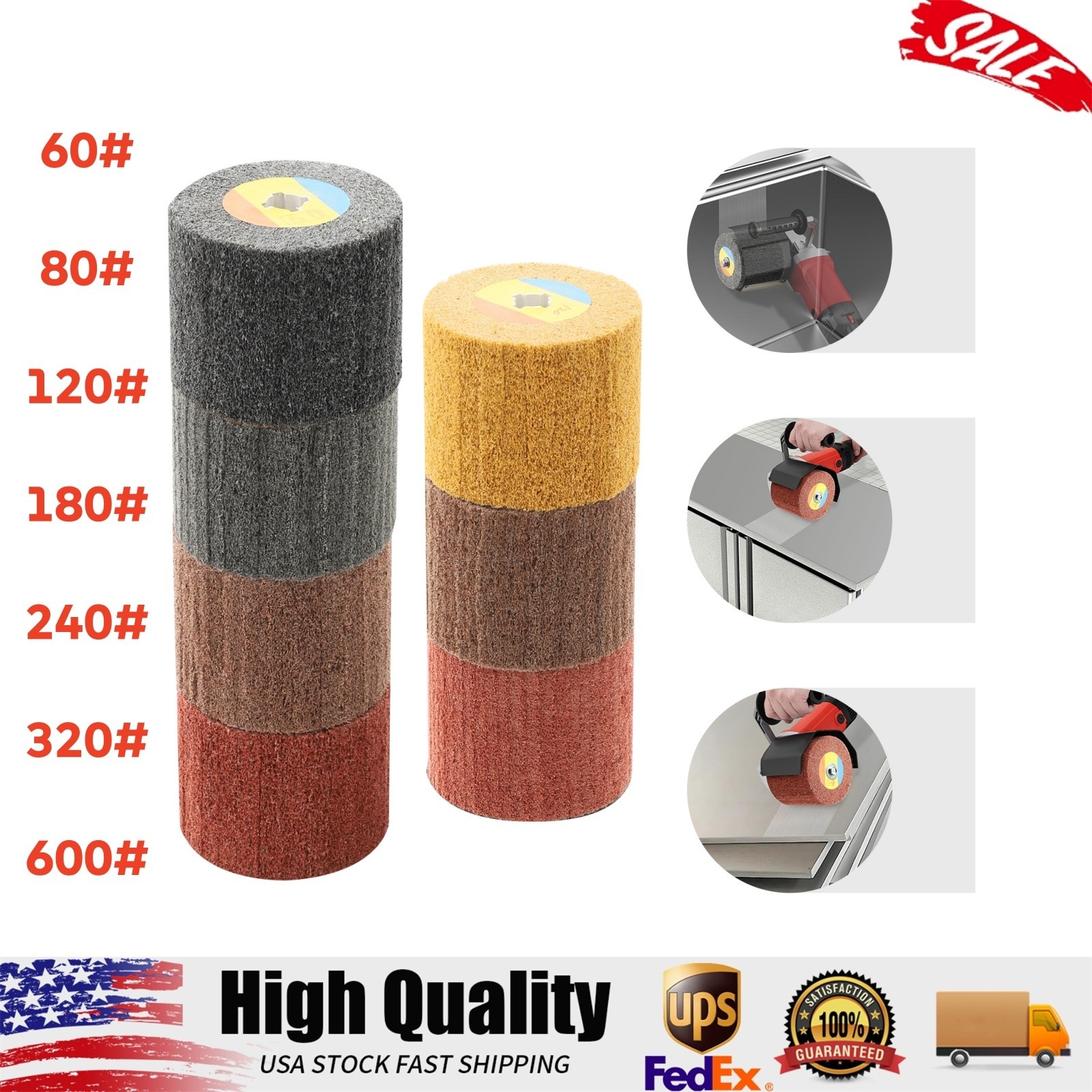 7Pcs Wire Drawing Wheel 60#-600# Grit Drum Burnishing Polishing Buffer Wheel