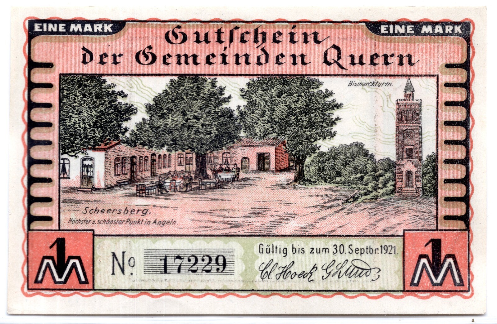 1921 Germany Quern Notgeld 1 Mark Note (NG1061)