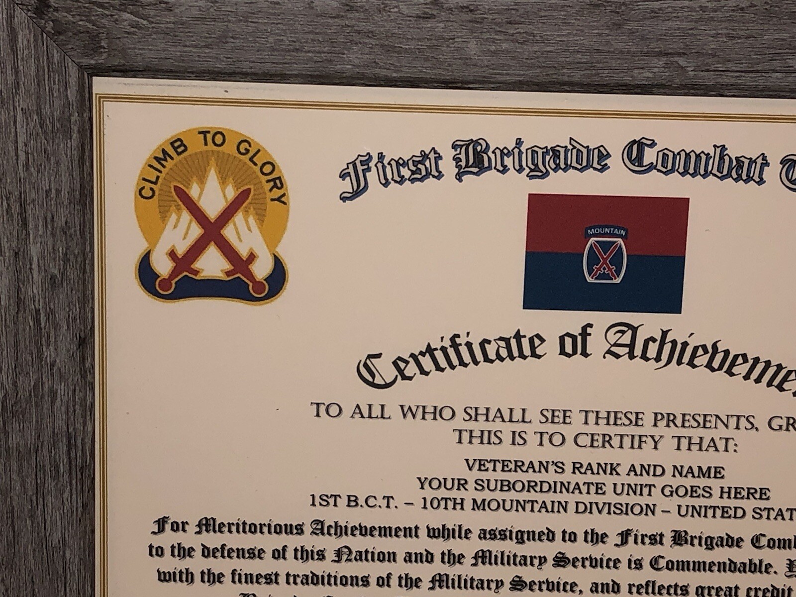 1ST B.C.T. / 10TH MOUNTAIN DIVISION - COA / (COMMEMORATIVE CERTIFICATE)