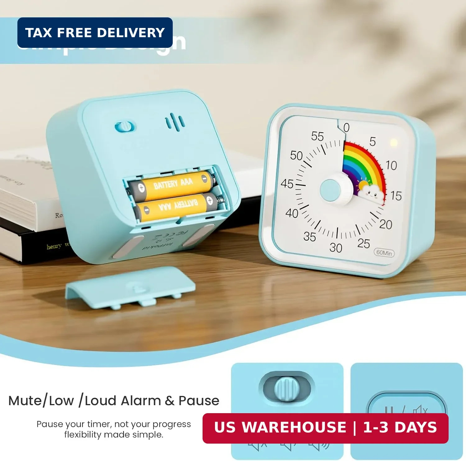Visual Timer for Kids, Rainbow Timer with Pause Function, Blue | Cute Kids Timer
