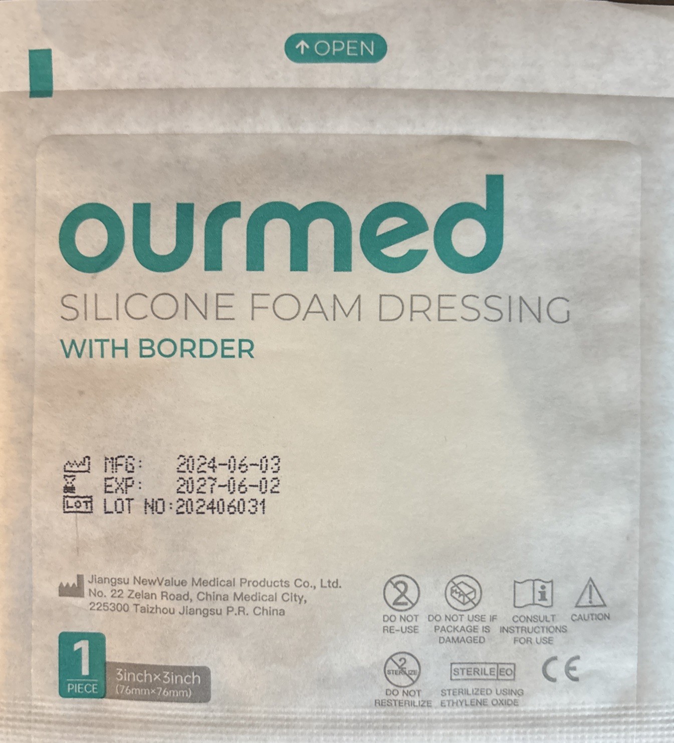 Ourmed Silicone Foam Dressing with Border Adhesive - 3” x 3” lot of 10 dressings