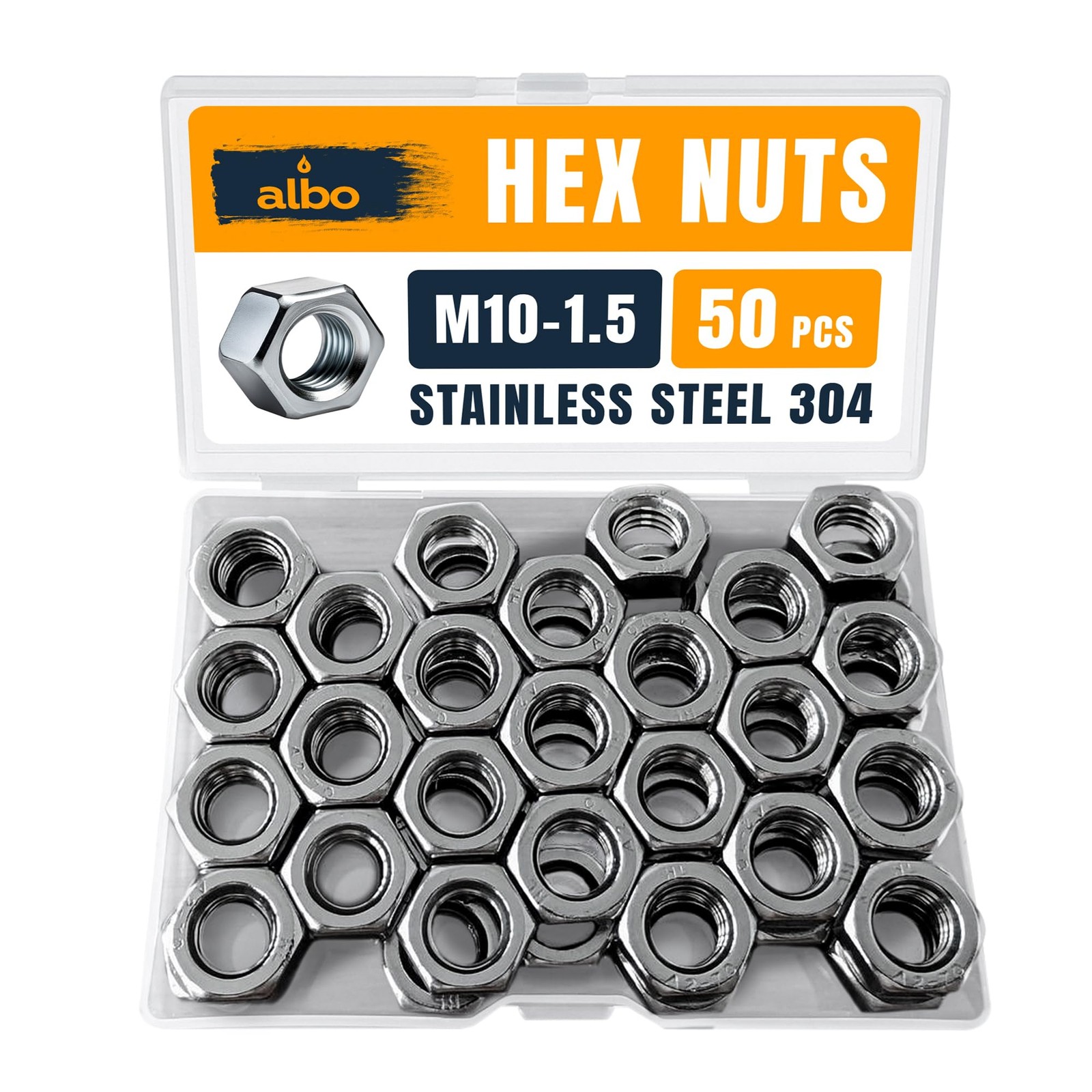 50 PCS M10-1.5 Hex Nuts – Stainless Steel 304 Metric Nuts Set in Reusable Box...