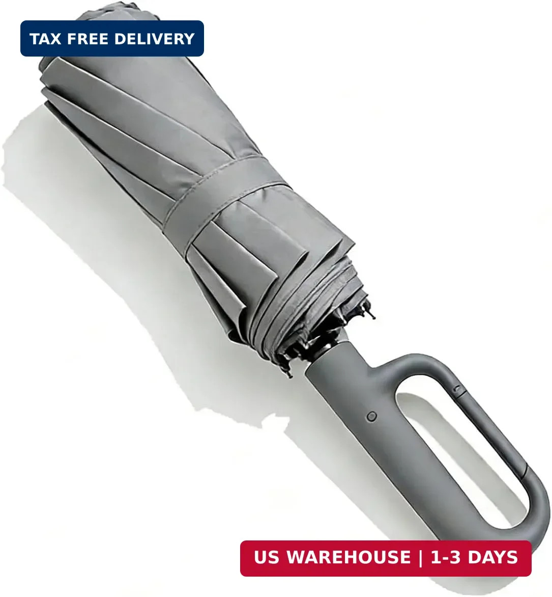 Windproof Umbrella, Compact Reverse Folding with Carabiner Handle, UV & Rain Pro