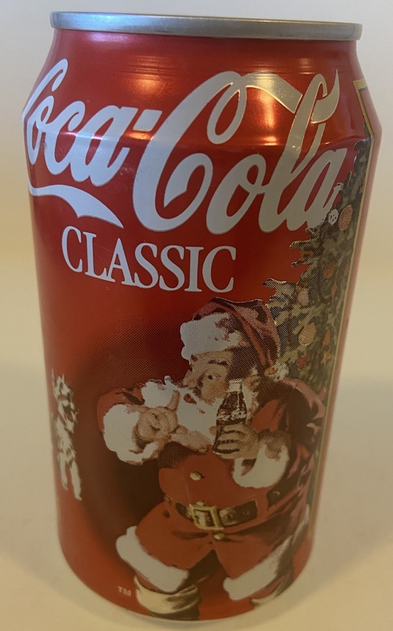 1996 12 oz. COKE CAN ( SANTA WITH DOG ) EMPTY BOTTOM OPENED