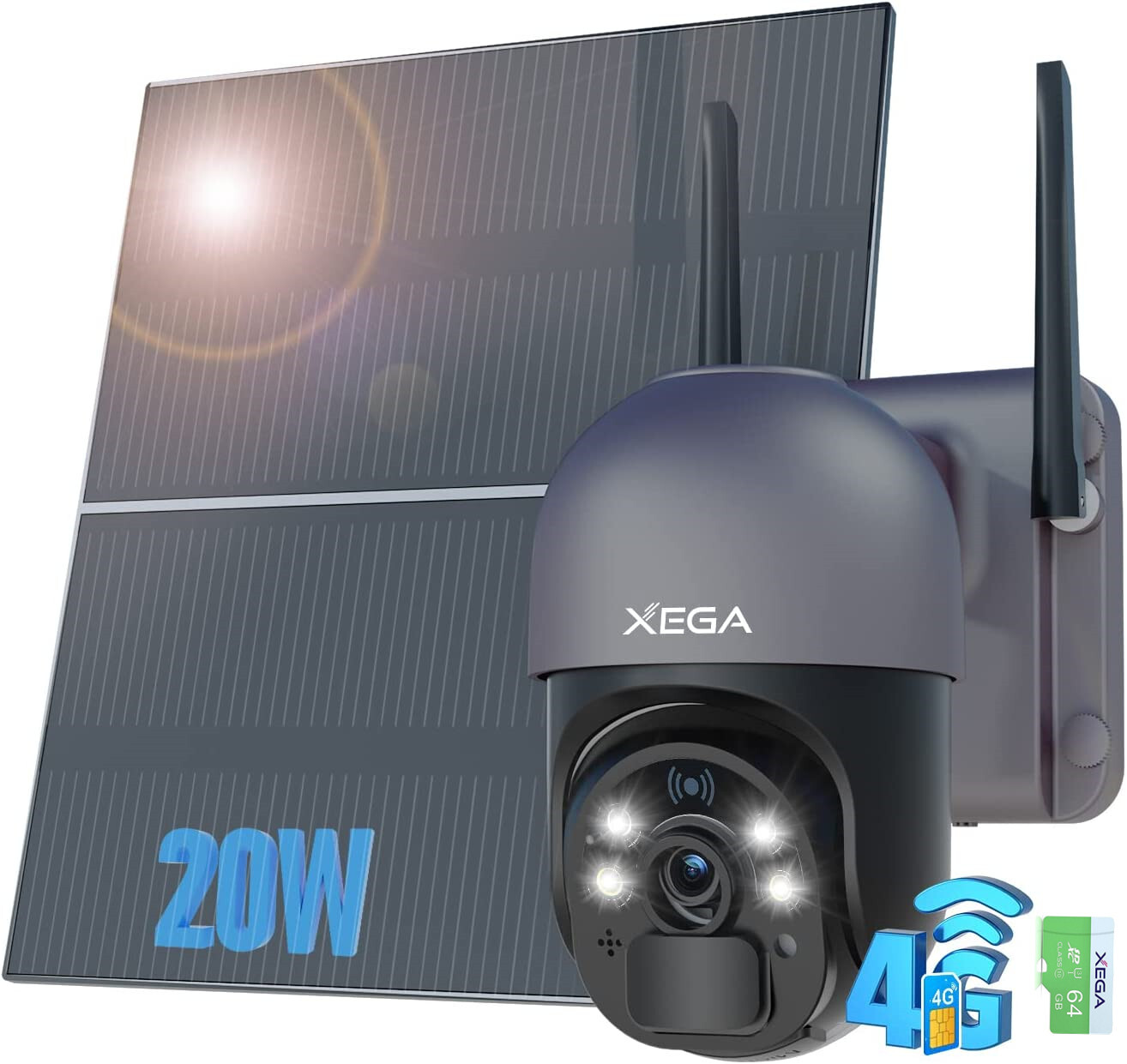 Xega 4G LTE Cellular Security Camera - 20W Solar Panel 20000mAh Built-in Battery
