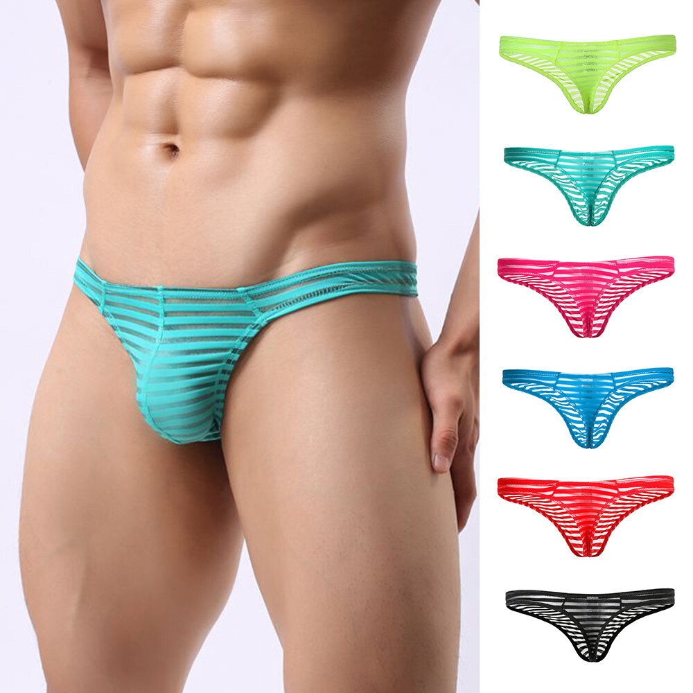 Men Mesh See-through Pouch G-string Briefs Underwear Striped T-back Thong Panty⇖