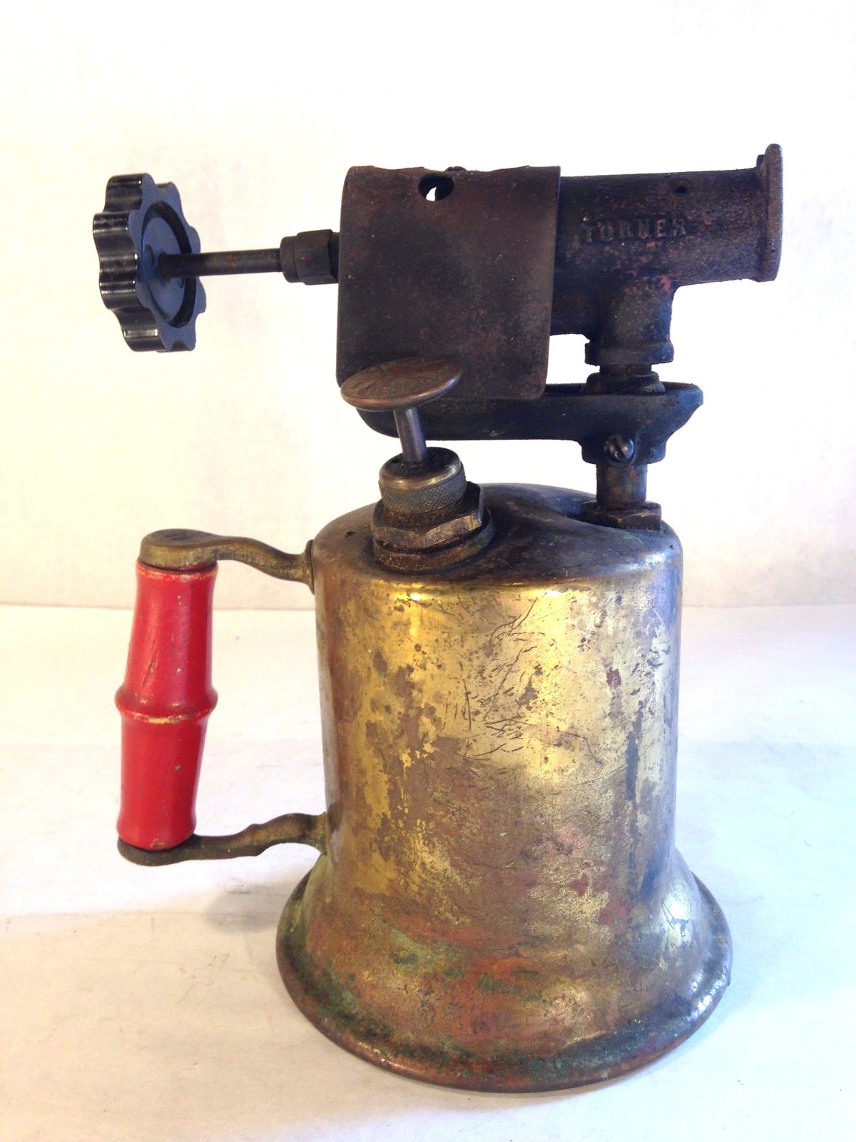 Vtg Antique Turner Brass Blow Torch Red Wooden Handle Sycamore Ill Steampunk