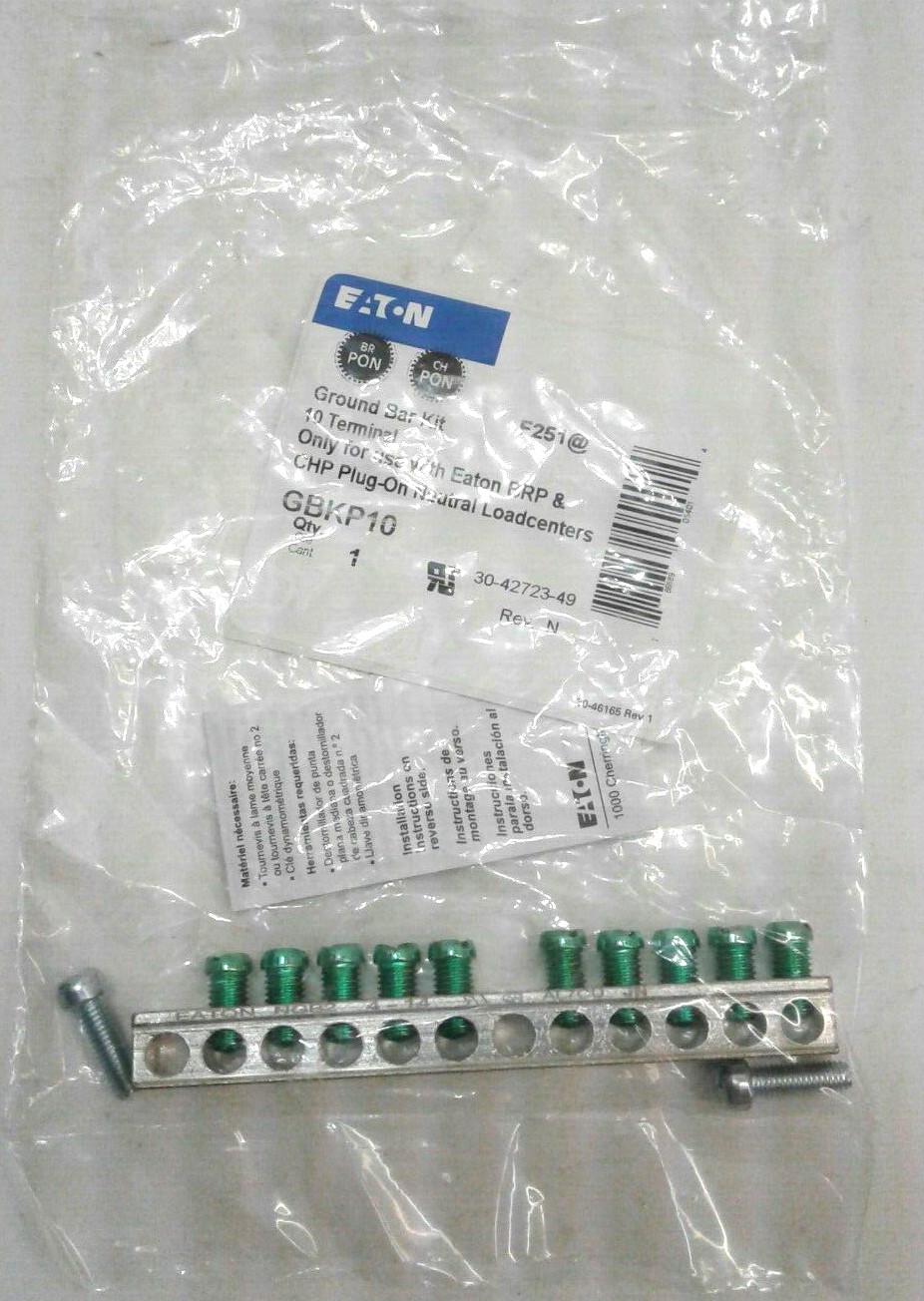 Eaton GBKP10 Ground Bar Kit 10 Terminal F/BRP & CHP Plug On Neutral Loadcenter
