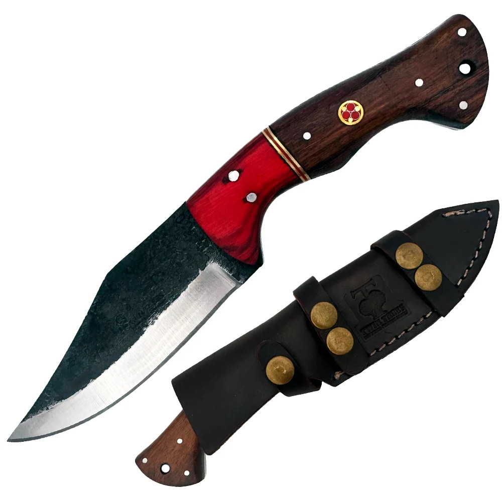 TT 110 4.5" Twin Tree Black Scale Red Wood Fixed Blade Hunting Knife with Leathe