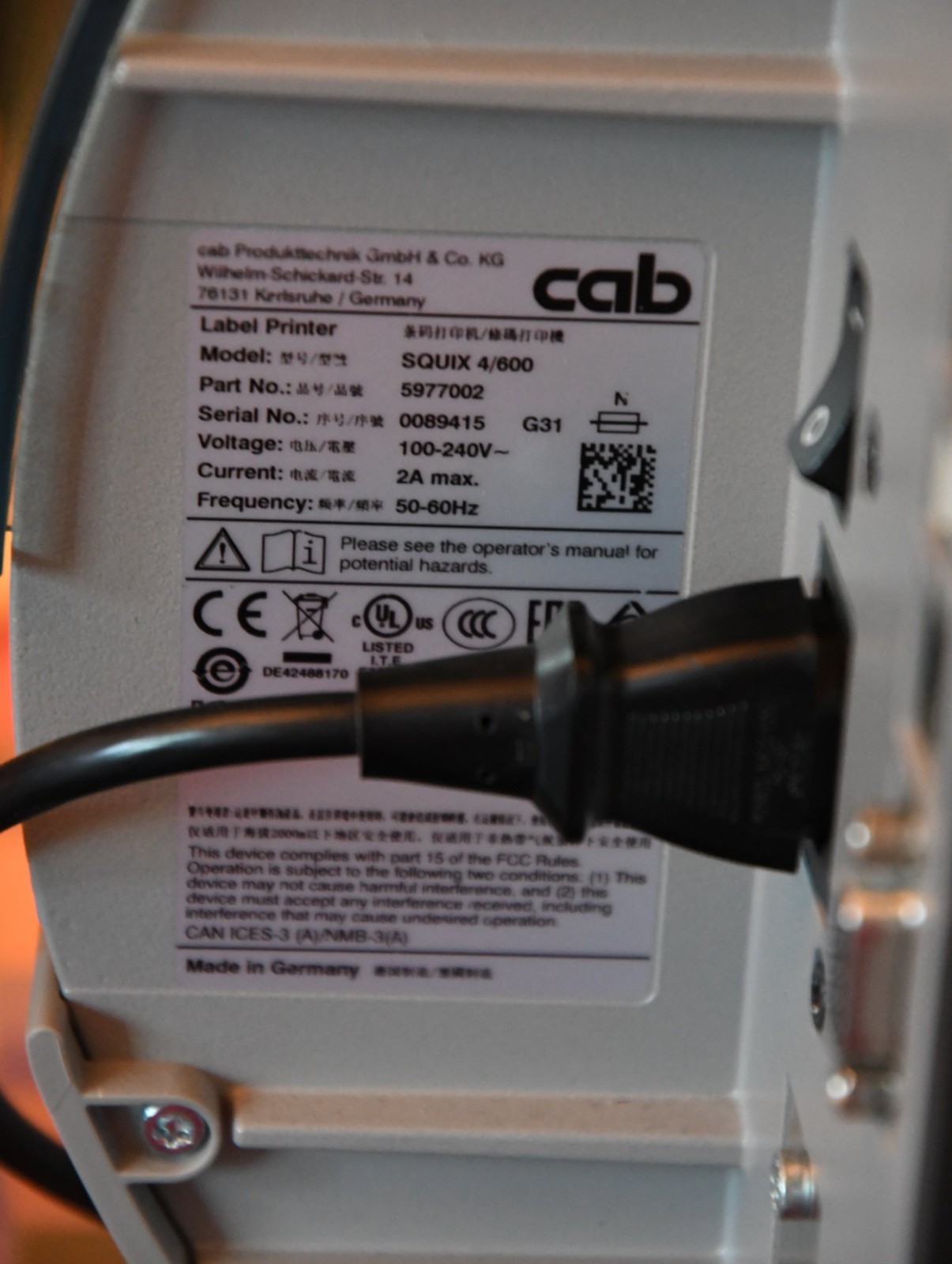 Squix 4/600 Thermal Barcode Label Printer 5977002 Cab