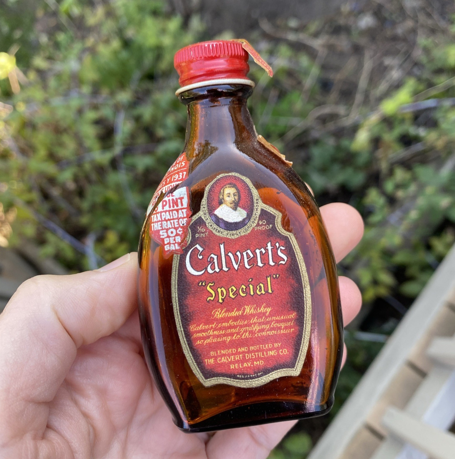 VTG 1937 Calvert's Special Whiskey EMPTY glass bottle mini 1/10pt, w tax stamp