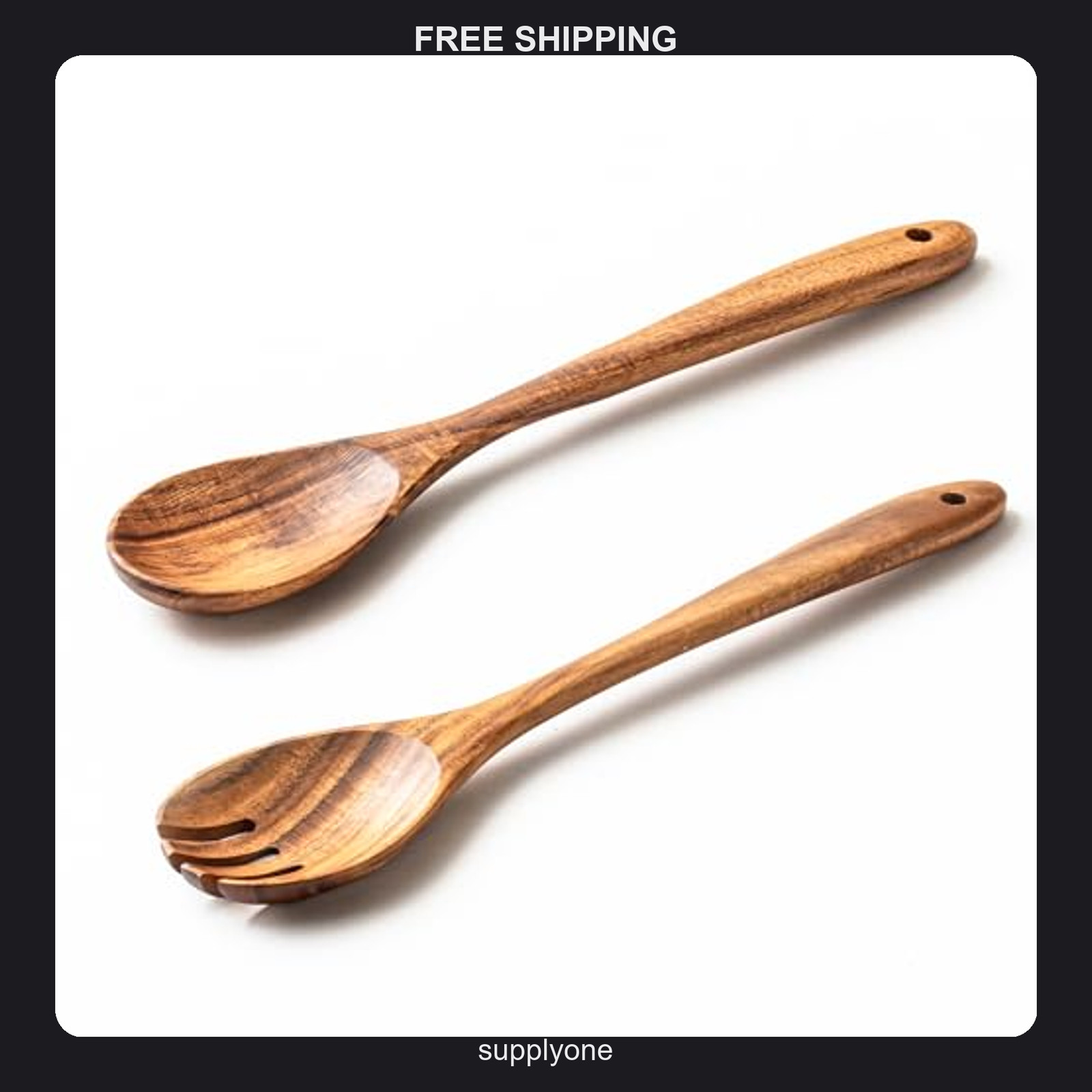 2 Piece Acacia Wood Salad Server Set - Ergonomic Spoon and Fork Tongs