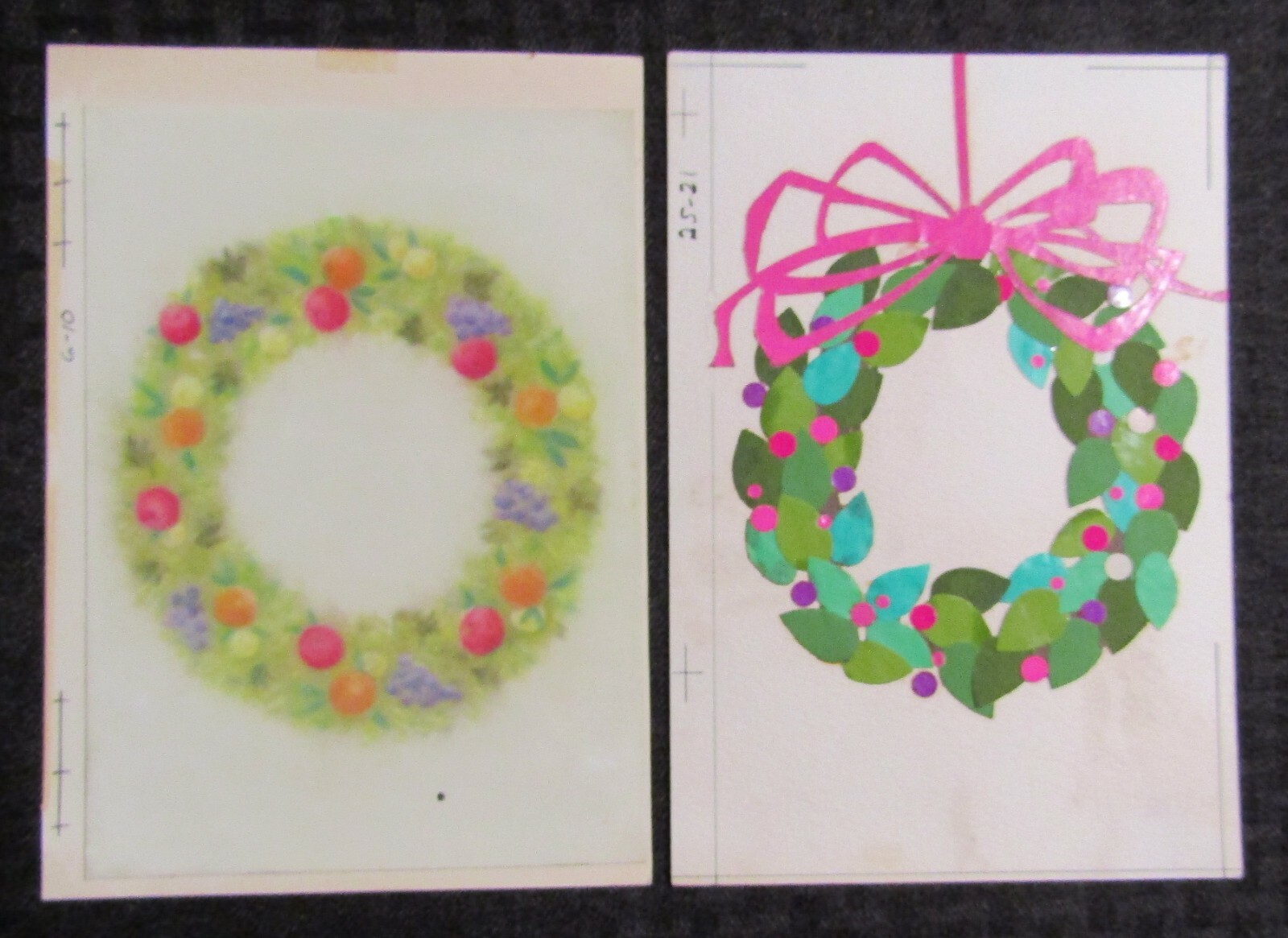 MERRY CHRISTMAS Wreaths w/ Fruit & Pink Ribbon 5.5x8" Greeting Card Art LOT of 2