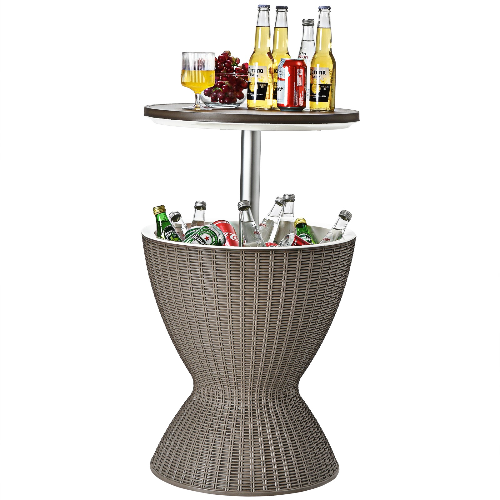 3 in 1 8 Gallon Patio Rattan Cooler Bar Table Adjust Ice Bucket Brown Furniture