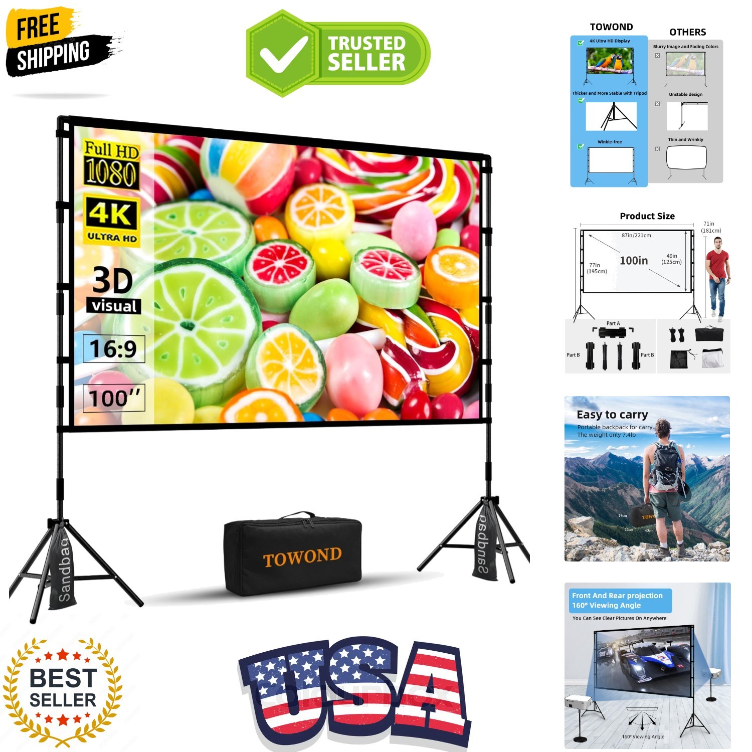 Projector Screen with Stand, Outdoor Projector Screen Portable Indoor Project...