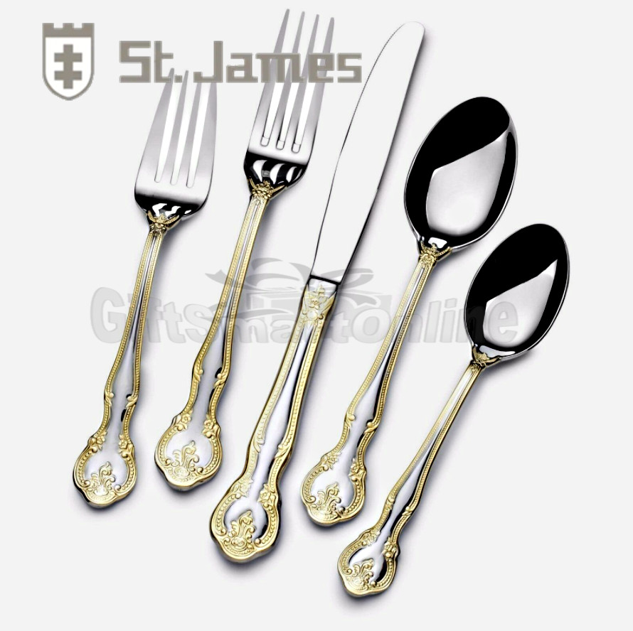 St. James 18/10 Gold Accent Stainless Steel Flatware Napoleon 65pc Set G100743