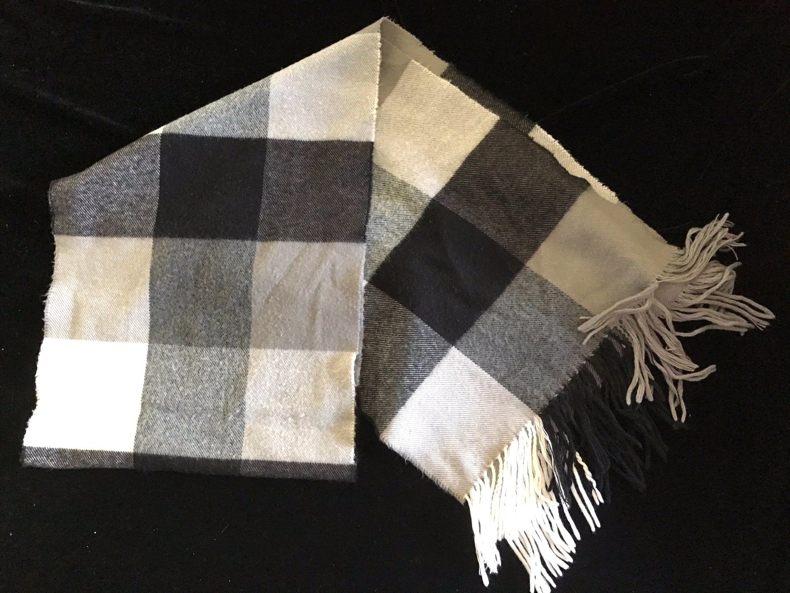 MENS black gray white BLOCK PRINT SCARF fringe trim SUPER SOFT 61 INCH X 11 @@