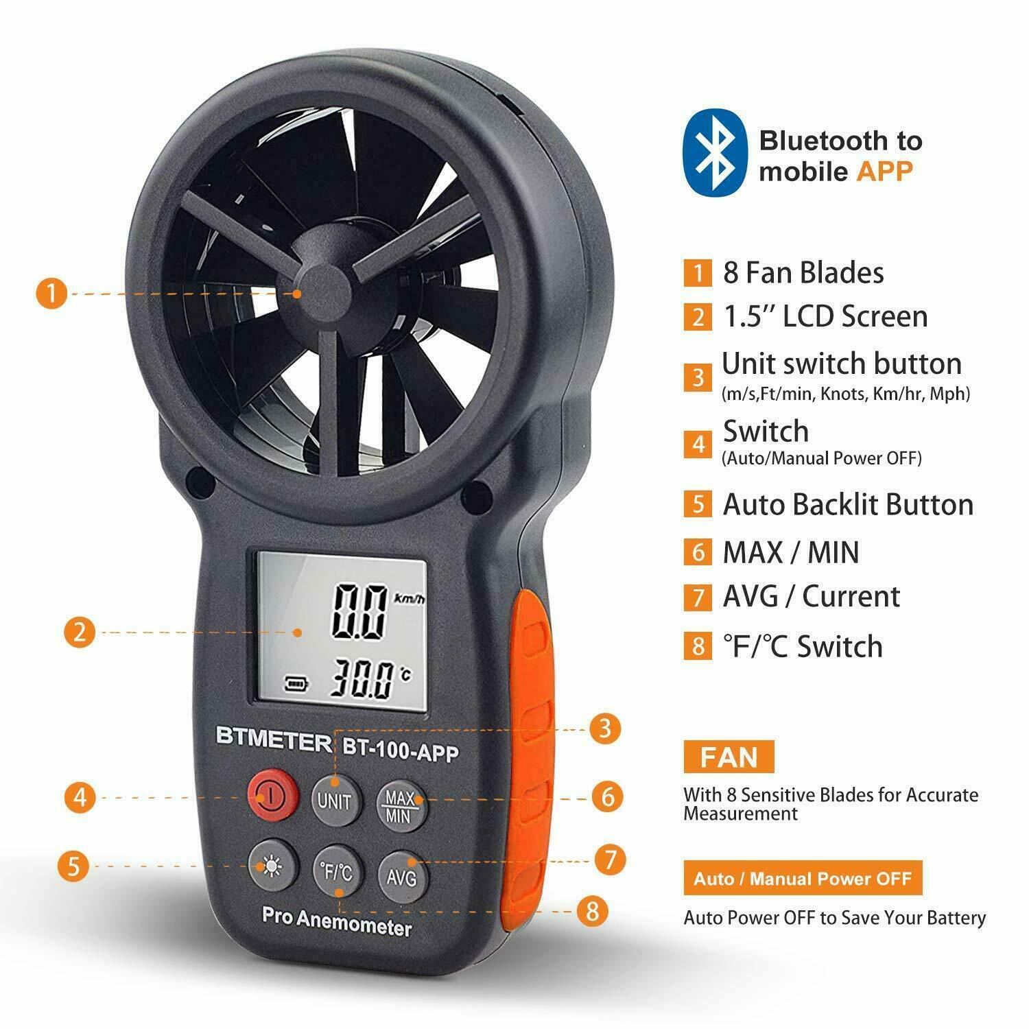 US BTMETER Wind Speed Meter Temperature Altitude Humidity Anemometer Barometer