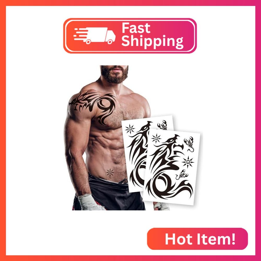 2 Sheets Dragon Temporary Tattoos - Large Sheets for Men - Realistic Shoulder Tr