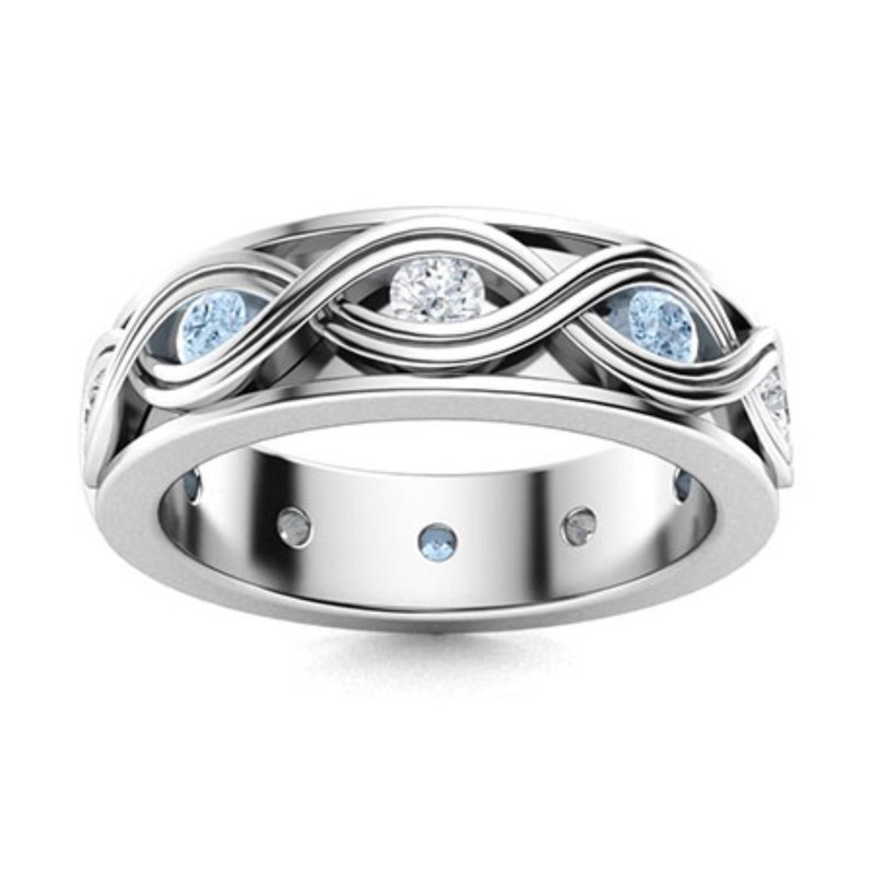 Full Eternity Band Ring 4MM Round Aquamarine 925 Sterling Silver Ring For Women