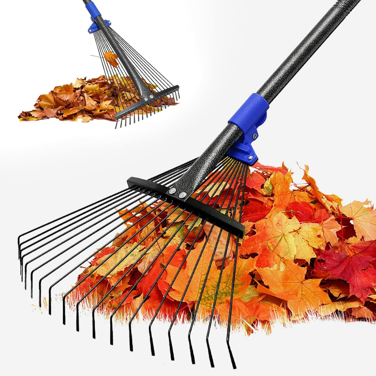Adjustable Garden Rake for Leaves-Heavy Duty Metal Rake with 8-17" Expandable He
