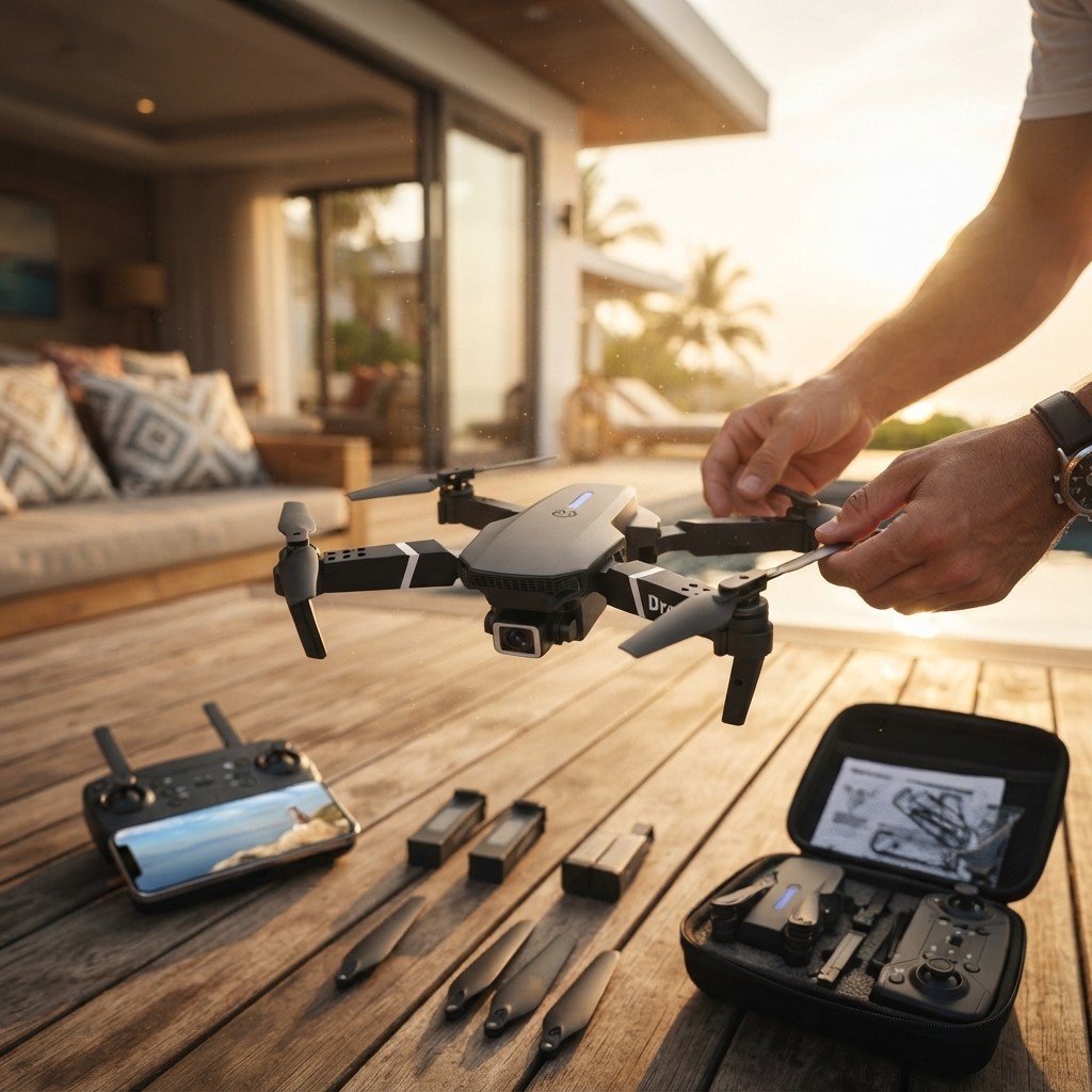 E88 Quadcopter RC Drone with 720P FPV Camera & Smart App Control - 2 Batteries