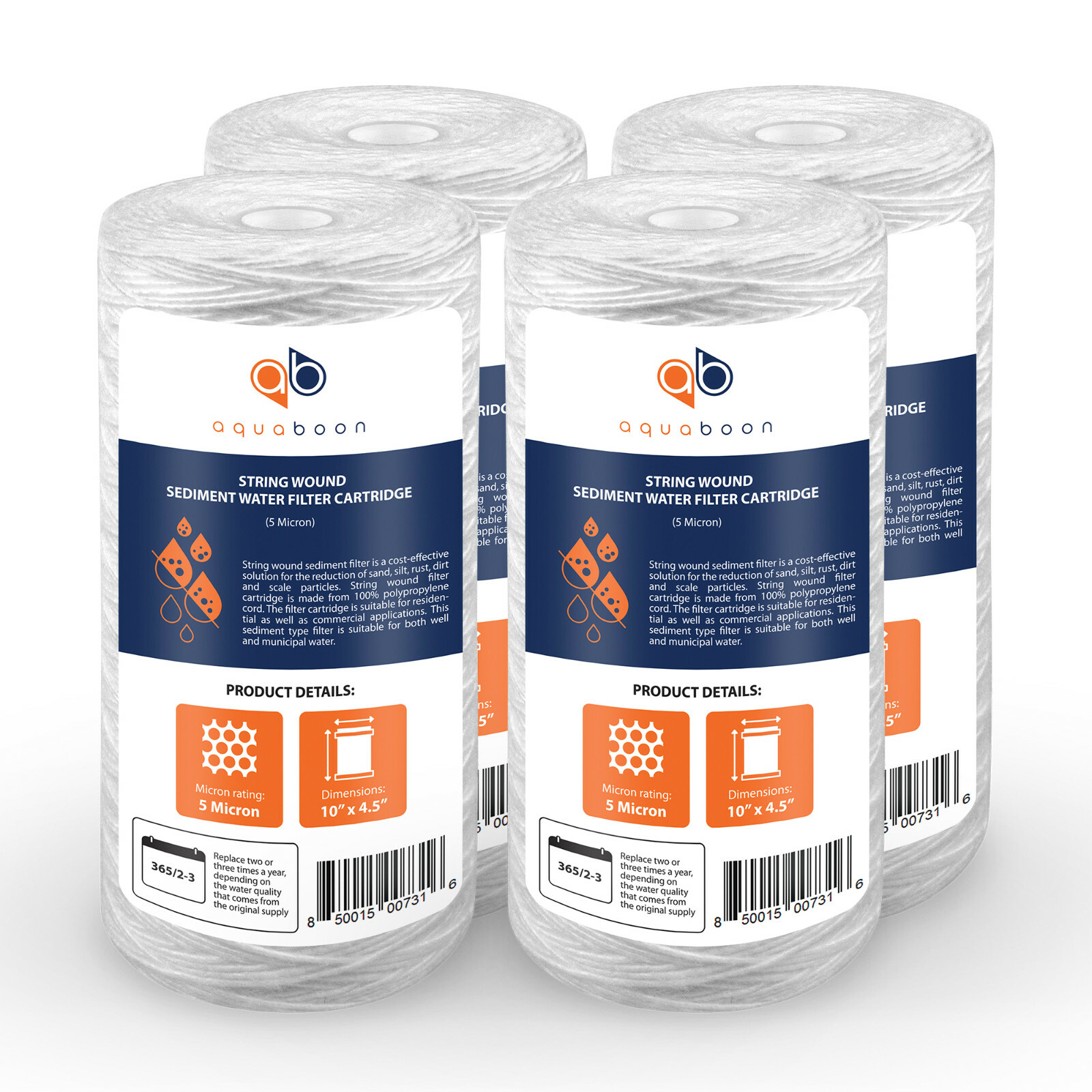 4PK of 10" Big Blue String Wound Sediment Water Filter Cartridge 5µm by Aquaboon
